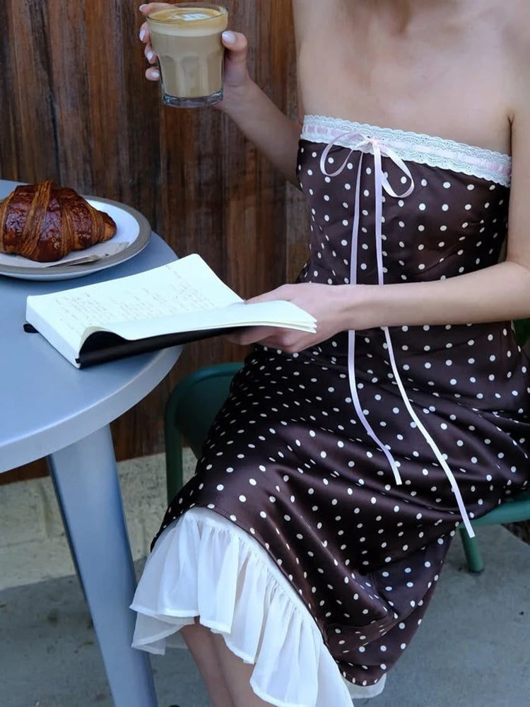 Strapless Dresses - Lace Strapless Backless Sexy Midi Dress For Women Fashion Off-shoulder Sleeveless Bodycon Polka Dot Dress Elegant