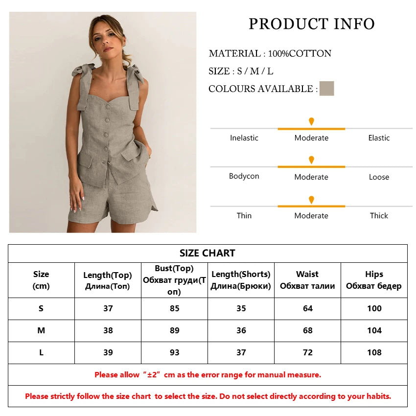 Shorts Sets - Summer Slim Khaki Cotton Women's Two Pieces Set 2025 Fashion Sleeveless Tank Top With High Waist Shorts Set Female