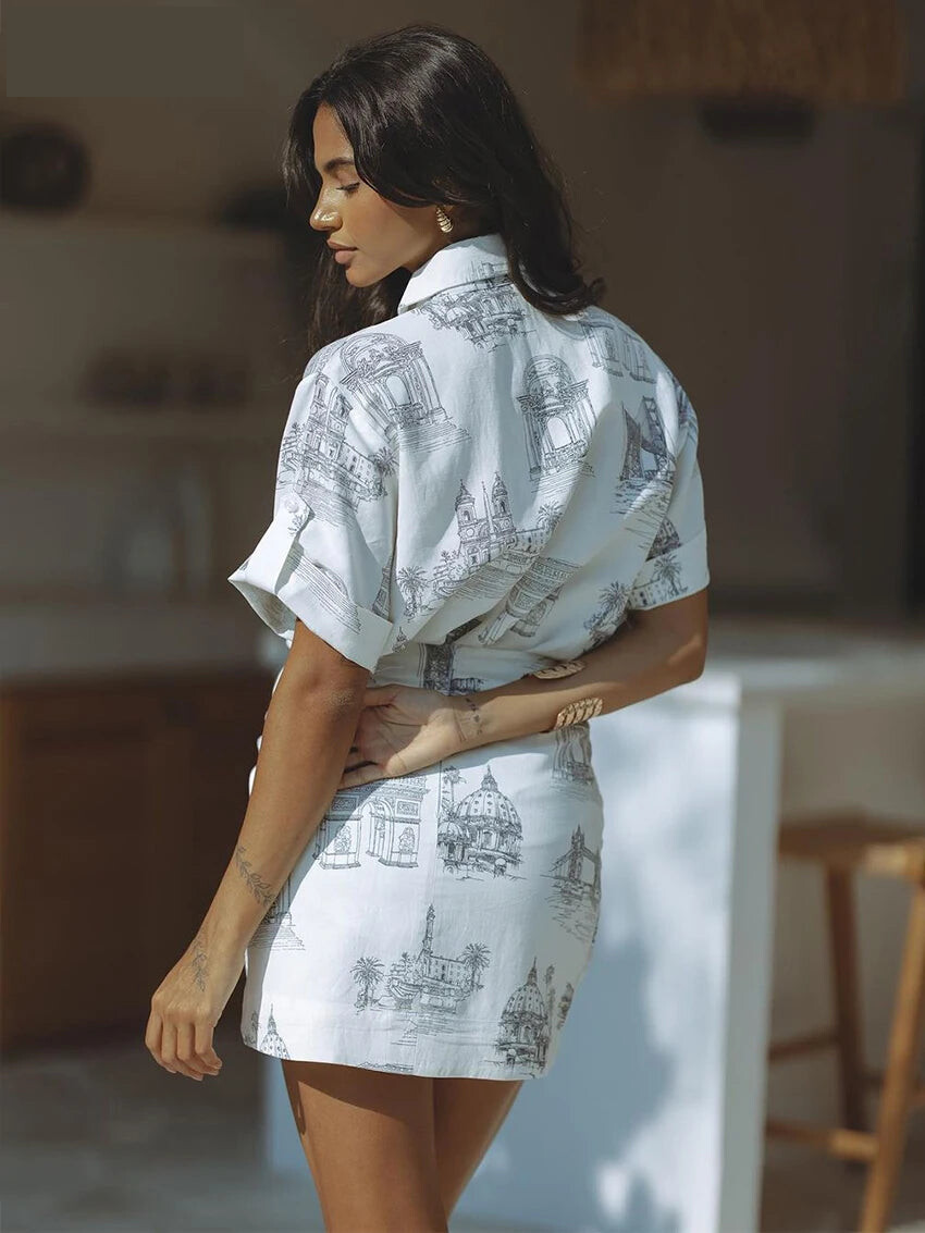 Skirt Sets - Summer Loose Print 2 Piece Sets Women Outfit 2024 Elegant Short Sleeve Shirt With High Waist Lace-Up Mini Skirts Set