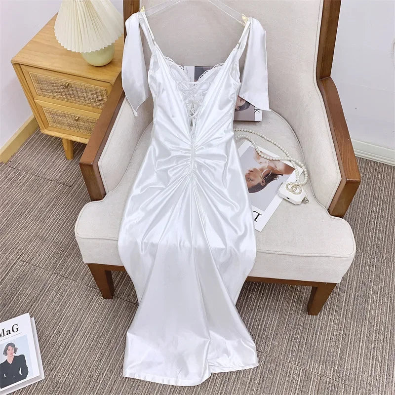 Elegant Dresses - Solid Color White Lace Up Backless Women's Dresses Retro Roman Mythology Knitted Pearl Elastic Fishbone Dress 2025