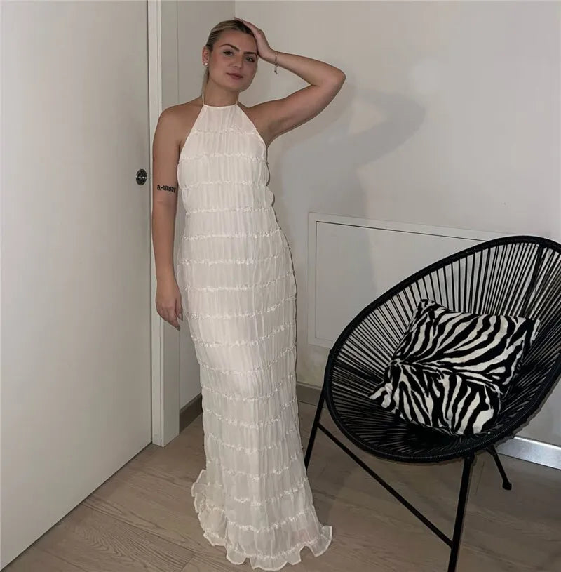 Party Dresses - Mozision Halter Backless Sexy Maxi Dress For Women Spring Summer New Lace-up Sleeveless Pleated Beach Holiday Long Dress Elegant