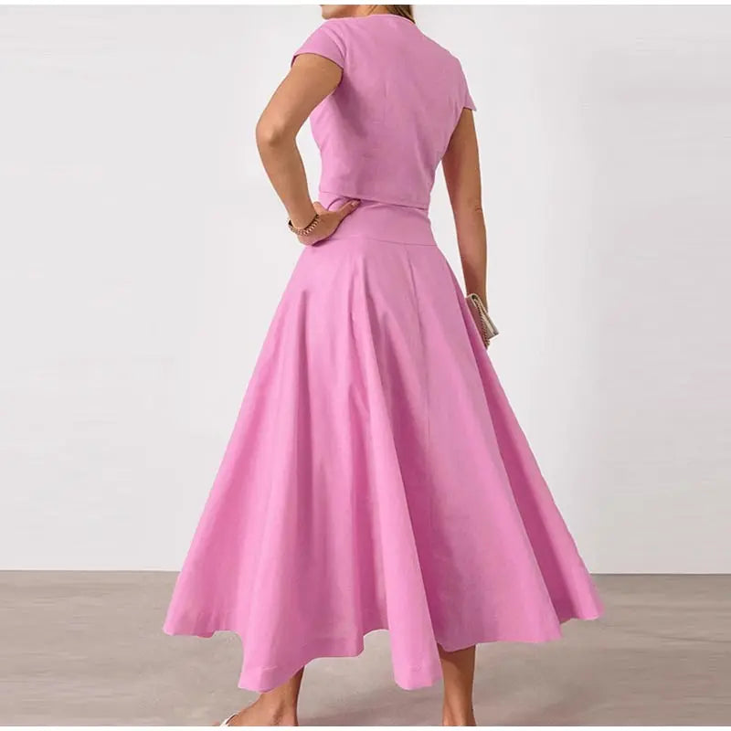 Skirt set - Women Vest Skirt Suit Solid O-neck Single Breasted Short Sleeve Short Top Button Wide Leg Skirts Female Summer Lady Beach Wears