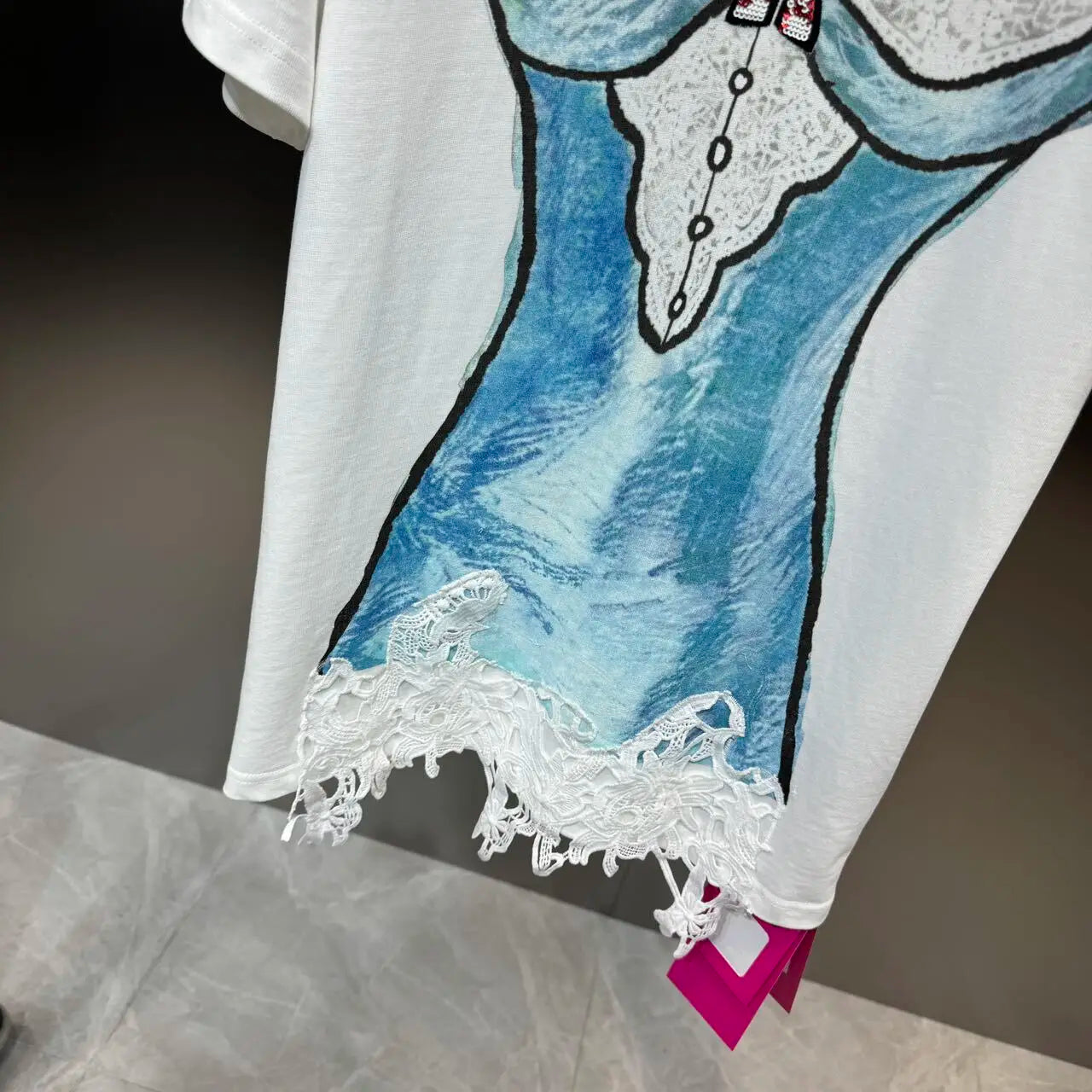 T-Shirts - Trendy New Items Women's Spliced Lace Print T-shirt 2024 Spring Fashion Round Neck Short Sleeves Tops Female 11XX8901