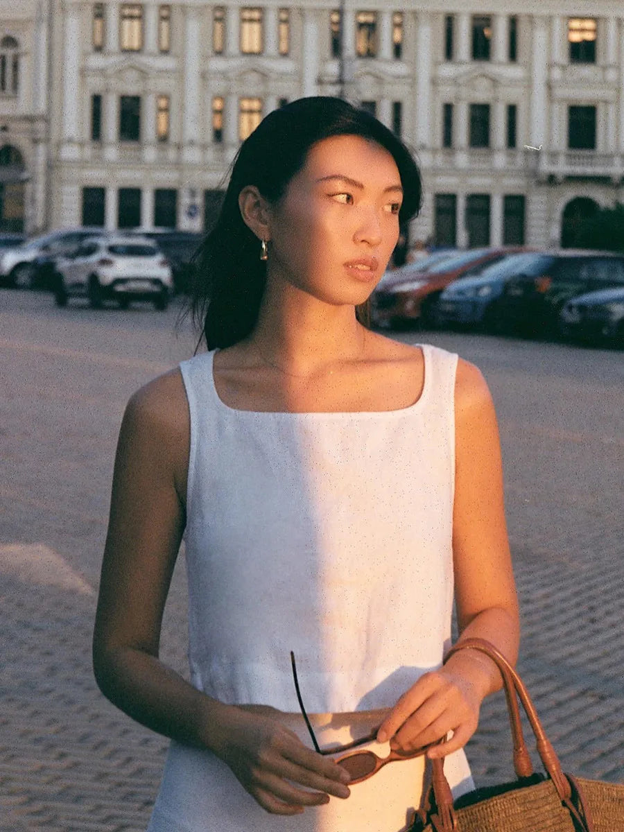 Skirt Sets - Summer New Cotton Linen Half Skirt Set Women's Square Neck Chic Short Vest Casual 2-Piece Set Split Long Skirt Suits