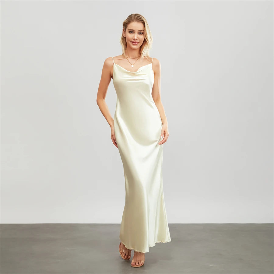 Satin Dresses - Backless Spaghetti Straps Party Long Dresses 2024 New Evening Gown Satin Vestidos Women's Cowl Neck Slip Wrap Dress