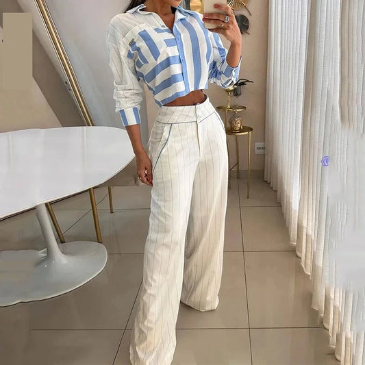 Pants Set - 2 Piece Set Autumn Women Office Elegant Striped Printed Lapel Long Sleeve Single Breasted Button Top Loose Pants Sets