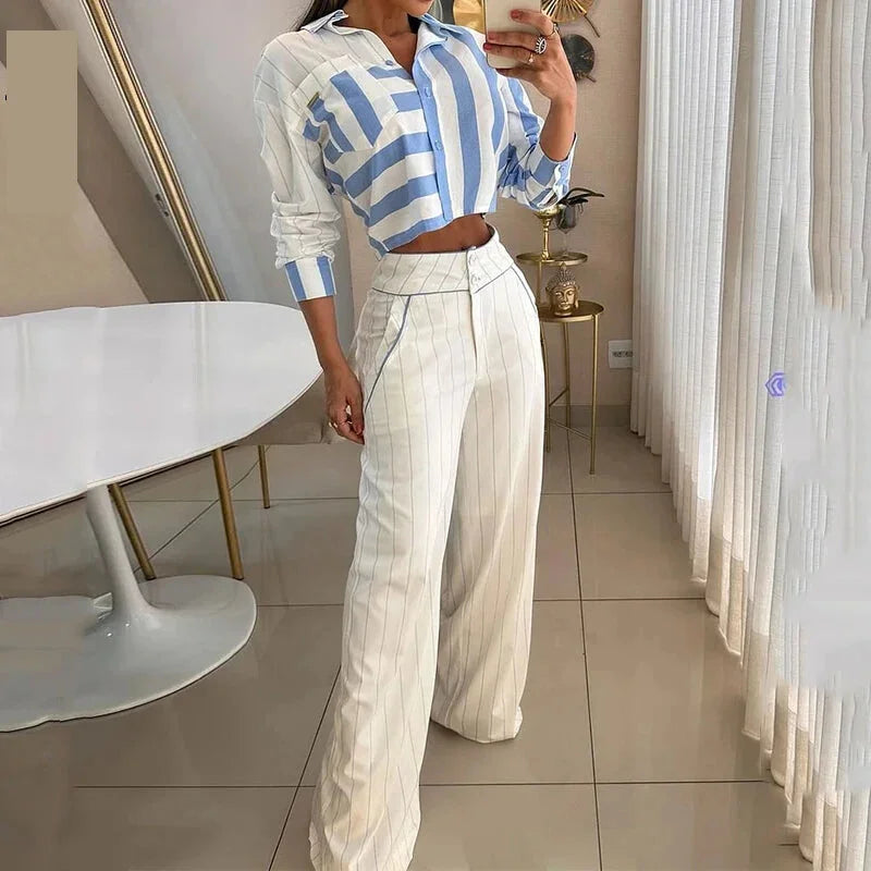Pants Set - 2 Piece Set Autumn Women Office Elegant Striped Printed Lapel Long Sleeve Single Breasted Button Top Loose Pants Sets