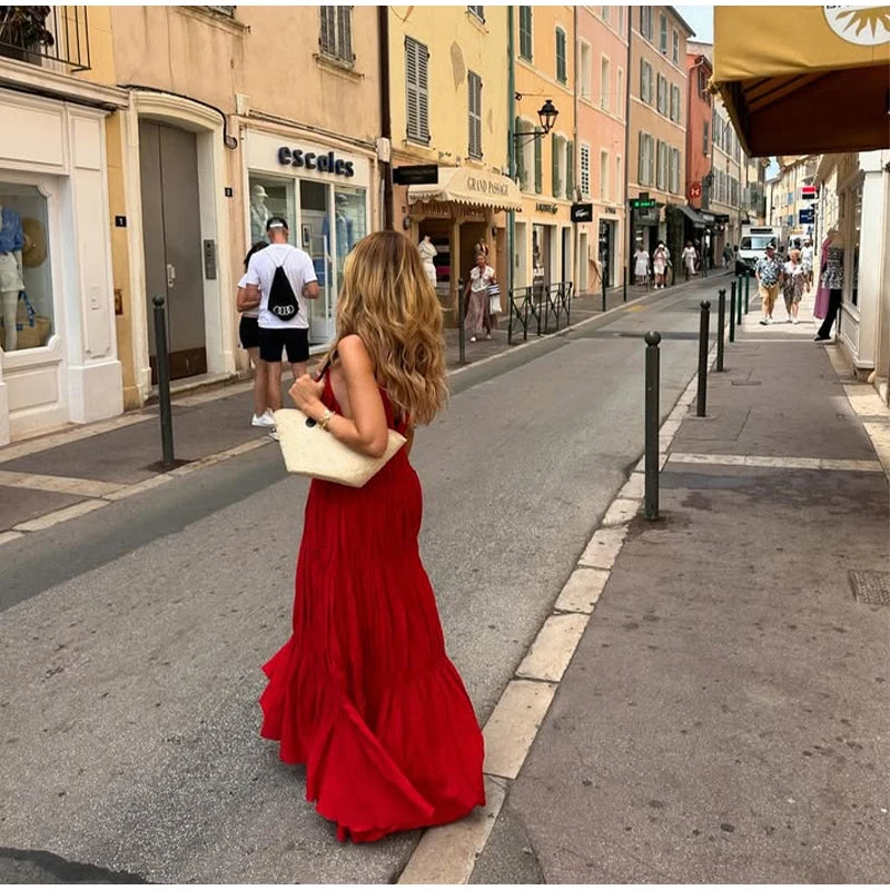 - Elegant Suspender Maxi Dress Women Sexy Summer Pleated Sling Beach Dress Female Backless V-neck Vacation Evening Long Vestidos