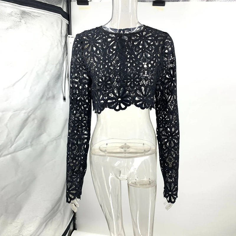 Matching Sets - Elegant See Through Crochet Top Women Set Hallow Out Flare Long Sleeve Top Slim Empire Hip Package Skirts 2025 Summer Lady Set