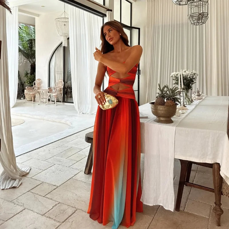 Elegant Dresses - Tie-dye Gradient Hollow Out Women's Maxi Dress Elegant Off Shoulder A-line Hem Long Dresses New Summer 2025 Holiday Female Robes