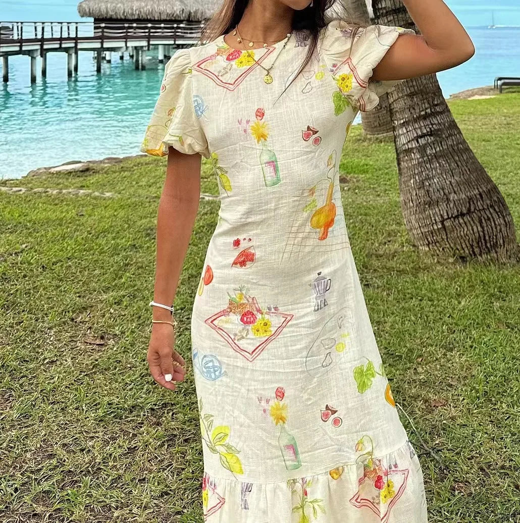 Casual Dresses - Women's European And American Style Fashion Slim Skirt Simple Printed Backless Short-Sleeved Dress