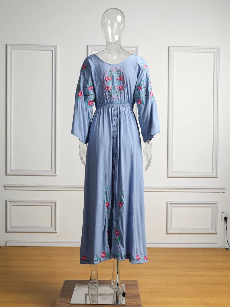 Kaftans - Jastie Embroidered Women Maxi Dress V-Neck Batwing Sleeve Loose Oversize Summer Dresses Drawstring Waist Boho Beach Vestidos