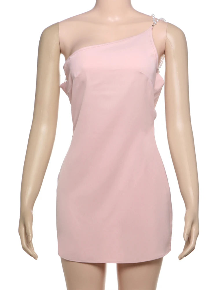 MinI Dresses - Pearl Chains Women Dress Backless Slanted Shoulders Temperament Summer Trend Solid Banquet Elegant Party Mini Bodycon