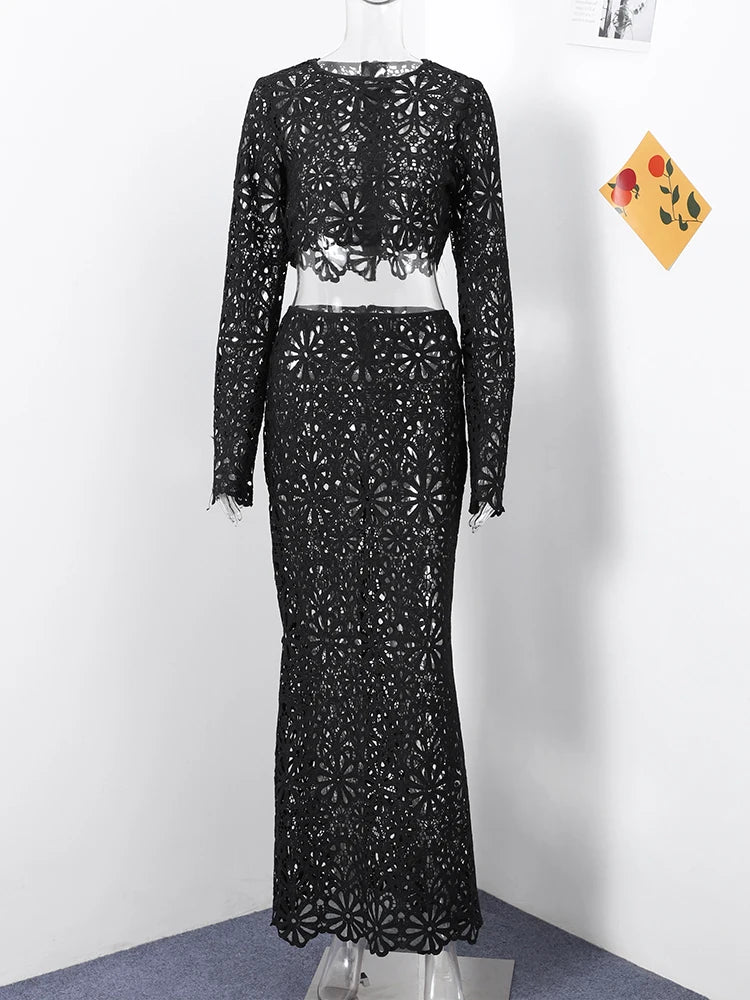 Matching Sets - Elegant See Through Crochet Top Women Set Hallow Out Flare Long Sleeve Top Slim Empire Hip Package Skirts 2025 Summer Lady Set