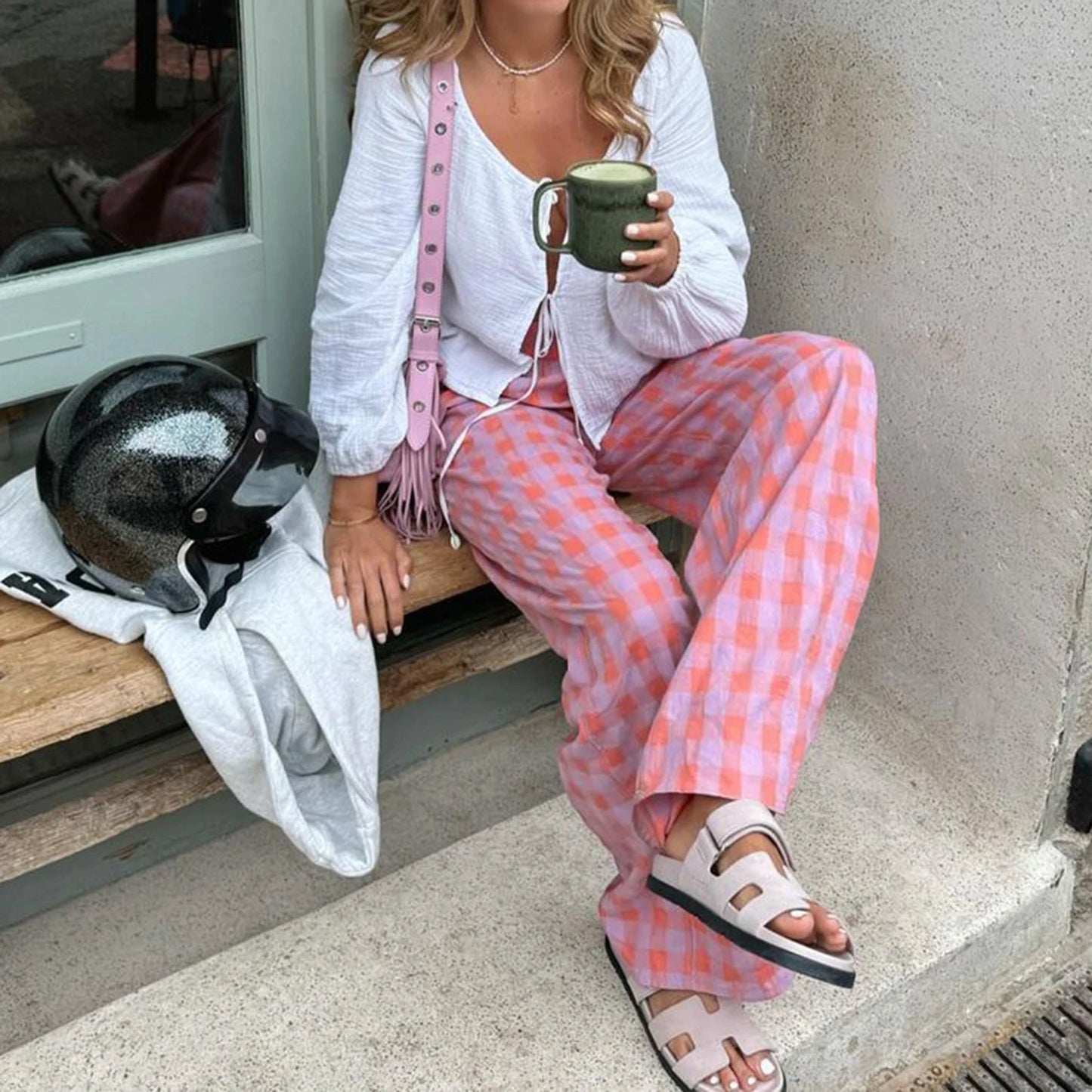 Pants - Womens Casual Plaid Print Pants Autumn Streetwear Elastic Waistband Straight Leg Pull On Trousers Loose Casual Bottoms