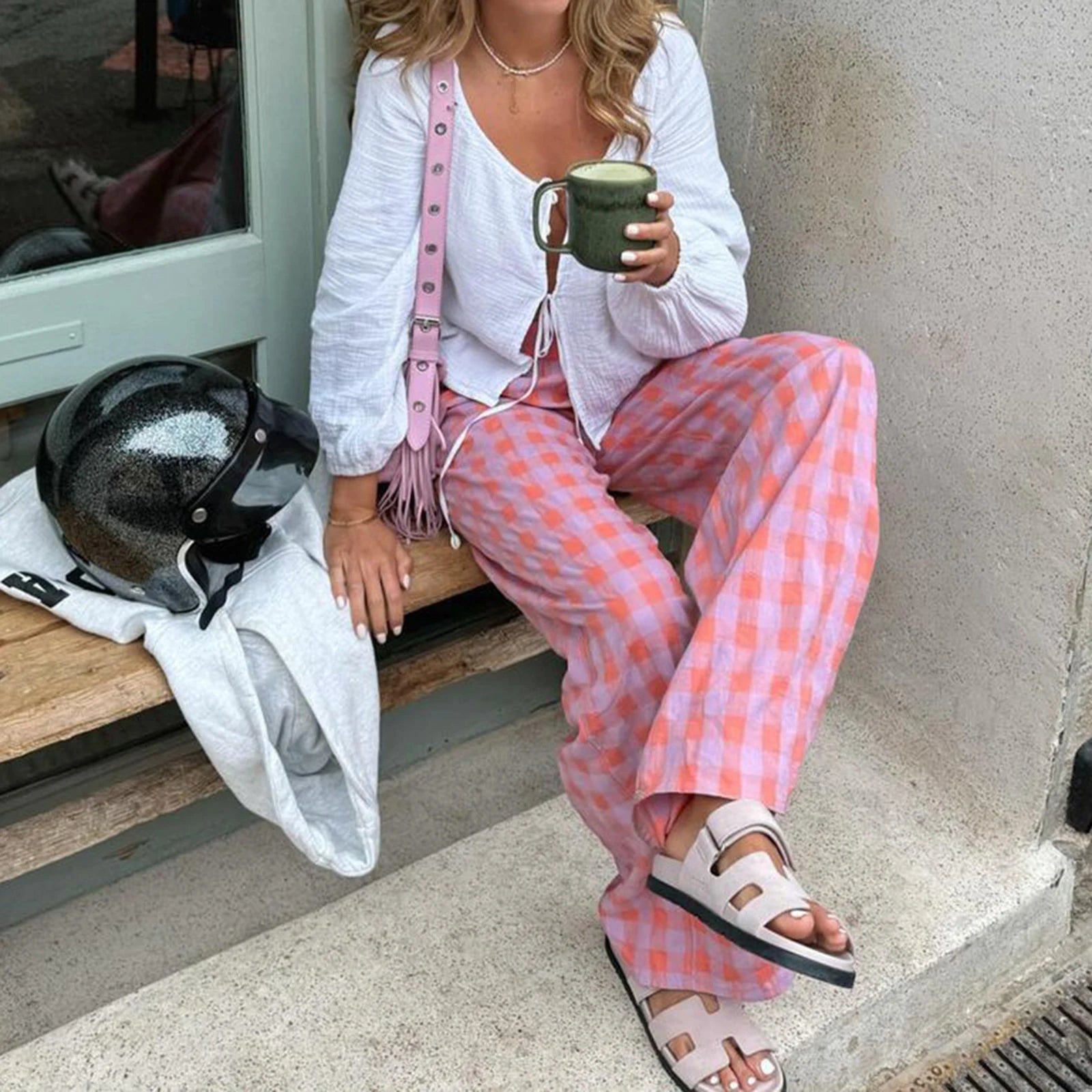 Pants - Womens Casual Plaid Print Pants Autumn Streetwear Elastic Waistband Straight Leg Pull On Trousers Loose Casual Bottoms