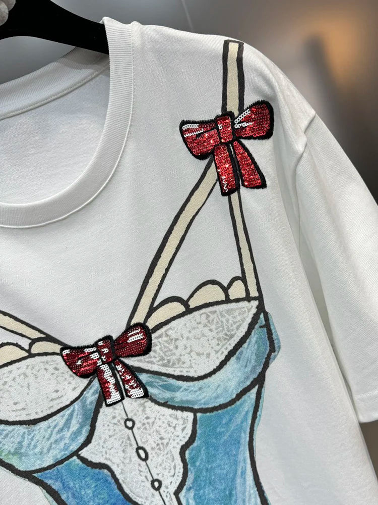 T-Shirts - Trendy New Items Women's Spliced Lace Print T-shirt 2024 Spring Fashion Round Neck Short Sleeves Tops Female 11XX8901