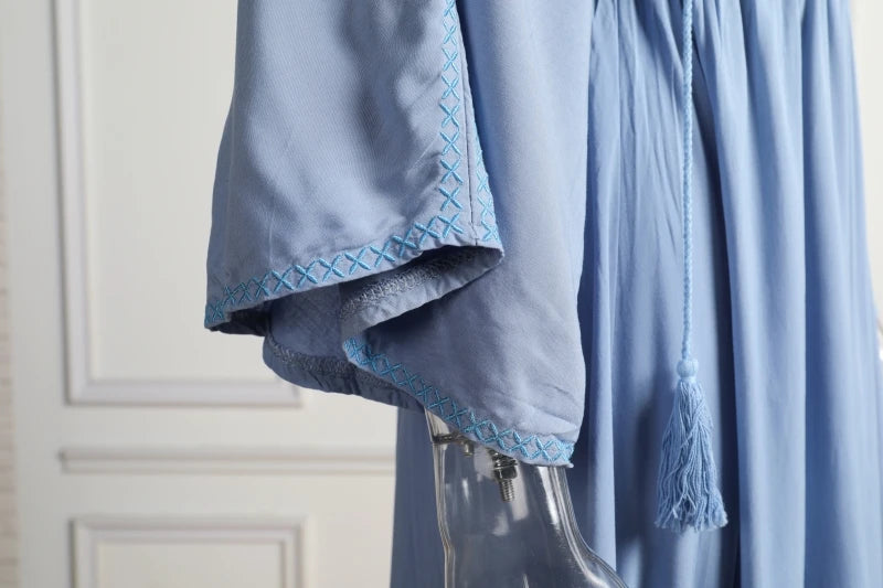 Kaftans - Jastie Embroidered Women Maxi Dress V-Neck Batwing Sleeve Loose Oversize Summer Dresses Drawstring Waist Boho Beach Vestidos