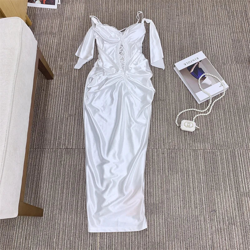 Elegant Dresses - Solid Color White Lace Up Backless Women's Dresses Retro Roman Mythology Knitted Pearl Elastic Fishbone Dress 2025