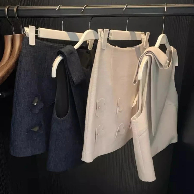 Skirts set - Korean Chic 2 Piece Set Women Clothes for 2025 Temperament Sleeveless Bow Top A-line Mini Skirt Outfits Roupas Femme Summer Sets