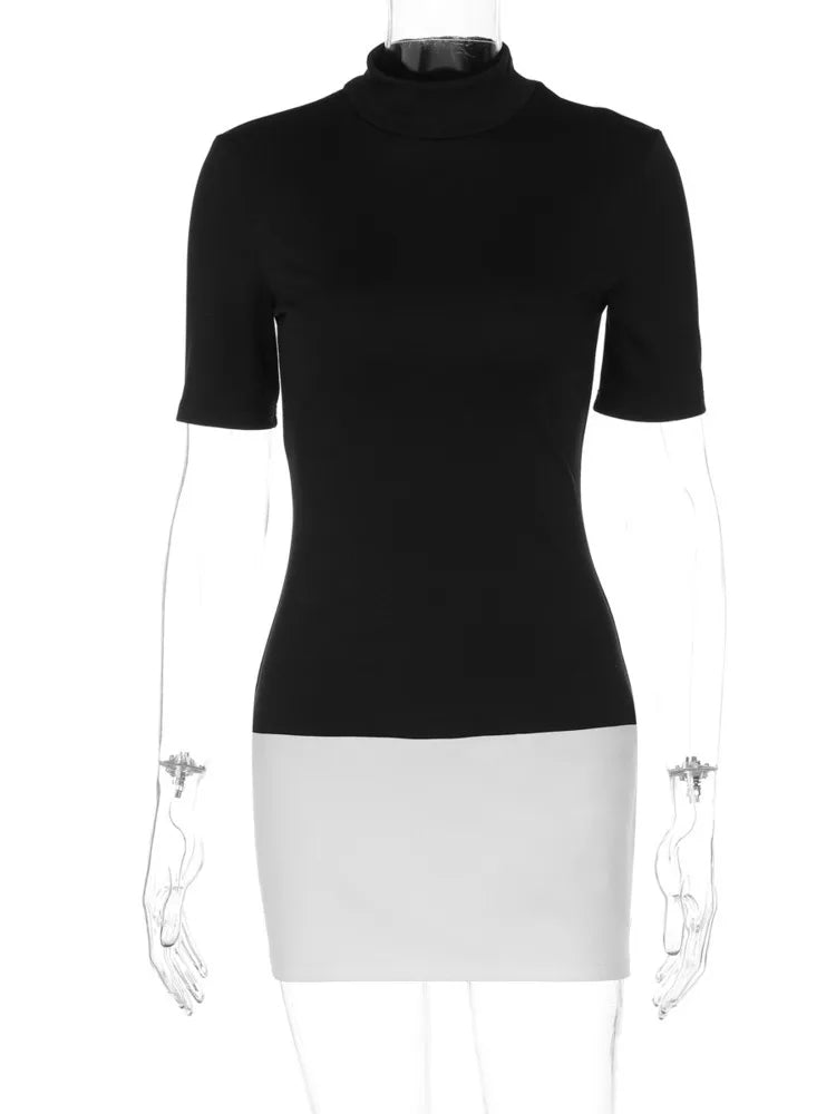 Mini Dresses - Sexy Half High Collar Half Sleeve Patchwork Mini Dress Women Slim Elegant High Waist Dress Streetwear Female Clothes