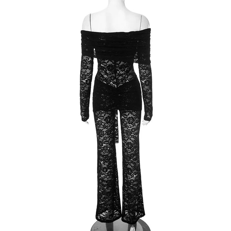 Jumpsuits - Mozision Lace See Through Long Sleeve Sexy Jumpsuit Women Fashion Lace Off-shoulder Bodycon High Waist Club Party Jumpsuits