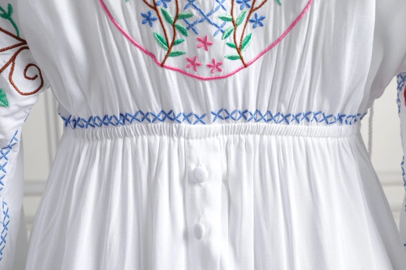 Kaftans - Jastie Embroidered Women Maxi Dress V-Neck Batwing Sleeve Loose Oversize Summer Dresses Drawstring Waist Boho Beach Vestidos