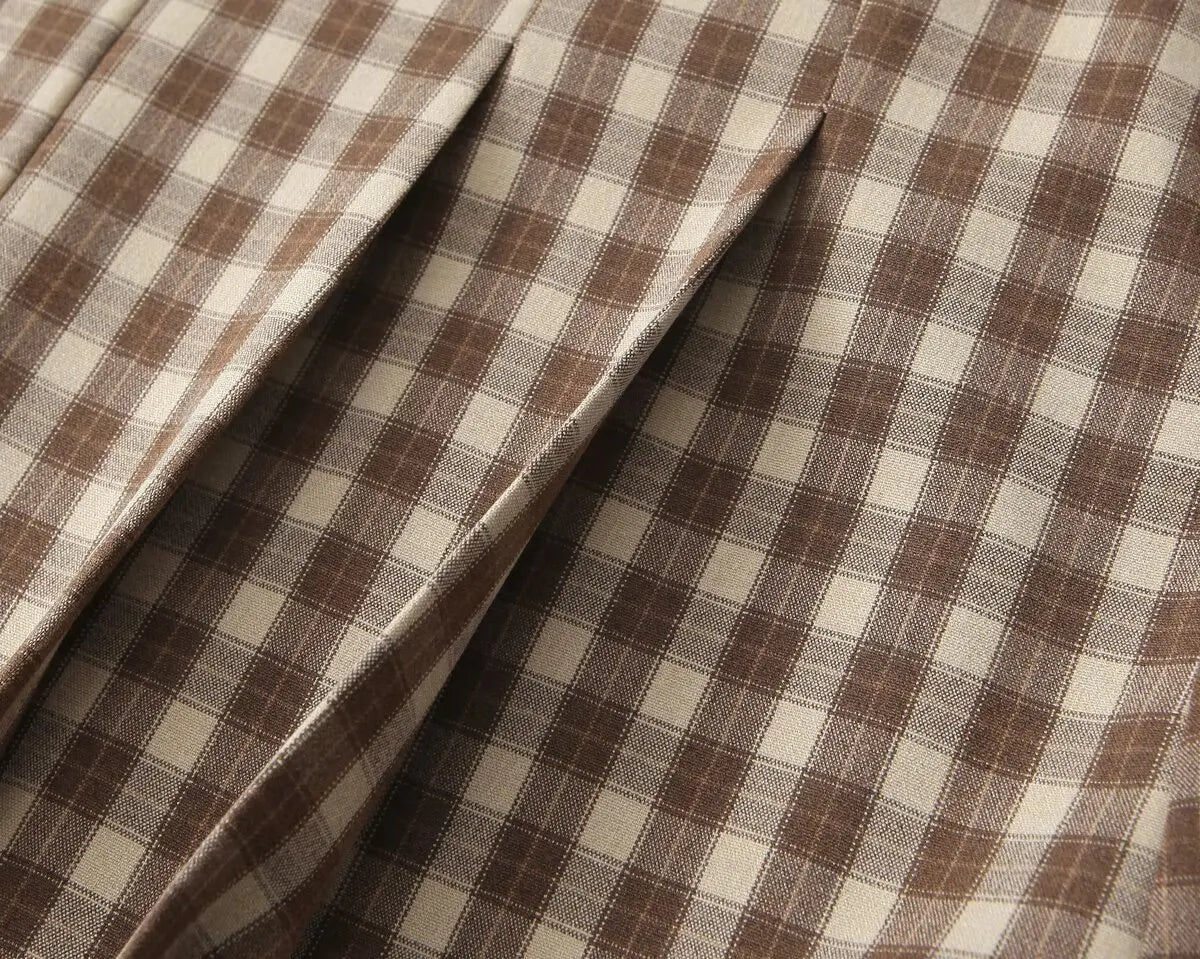 Skirts set - TRAFZA Women 2 Piece Set Elegant Plaid O-Neck Single Breasted Pocket Decorate Vest Top+Chic Zipper Pleated Slim Mini Culottes