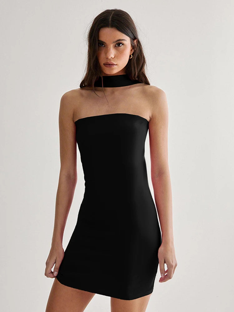 Halter Dresses - Sexy Halter Dress Women Sleeveless 2025 Summer Trend Skinny Solid Chic Birthday Party Clubwear Midnight Mini Bodycon