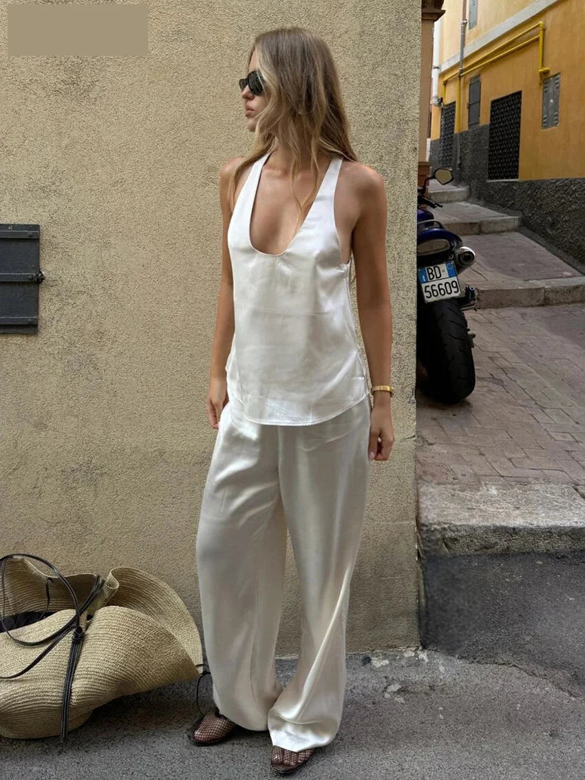 - Summer Loose White Satin 2 Piece Sets Woman Outfit 2025 Sexy Sleeveless Tank Top With High Waist Wide Pants Set Female