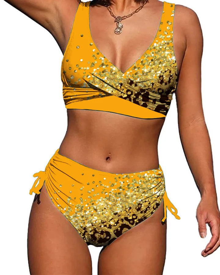 Swimwear - 2024 Drawstring V Neck High Waist Bikini Women Printed Swimwear Female Swimsuit Bathers Bathing Swimming Suit Beachwear Summer