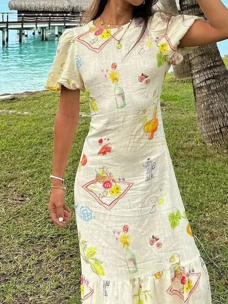 Casual Dresses - Women's European And American Style Fashion Slim Skirt Simple Printed Backless Short-Sleeved Dress