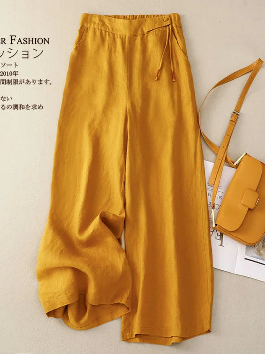 Pants - Summer Wide Leg Pants Women Elastic High Waist Cotton and Linen Casual Pants Loose Straight Yellow Women's Pants