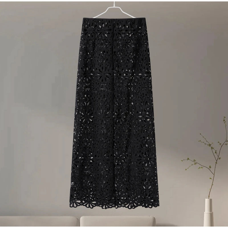 Matching Sets - Elegant See Through Crochet Top Women Set Hallow Out Flare Long Sleeve Top Slim Empire Hip Package Skirts 2025 Summer Lady Set