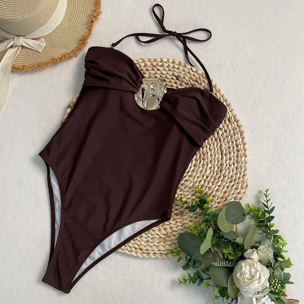 Swimsuits - 2 Colors Sexy Metal Rings Cut Out Women Swimwear One Piece Swimsuit Female Bandeau High Leg Cut Bather Bathing Suit Swim