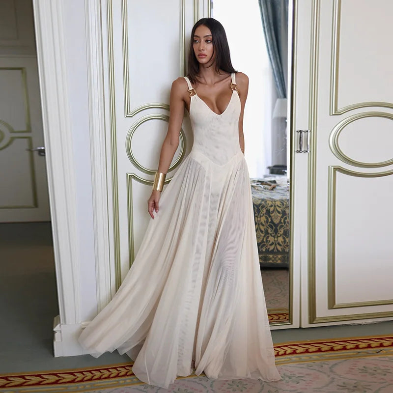 See-through Dresses - White Mesh Pleated Evening Club Party Dress Women Robes Backless Elegant Sexy Dress Bodycon Long Summer Dress Vestidos