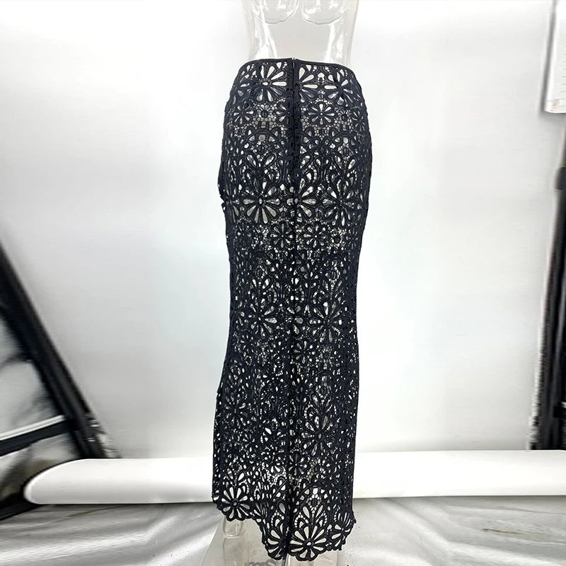 Matching Sets - Elegant See Through Crochet Top Women Set Hallow Out Flare Long Sleeve Top Slim Empire Hip Package Skirts 2025 Summer Lady Set