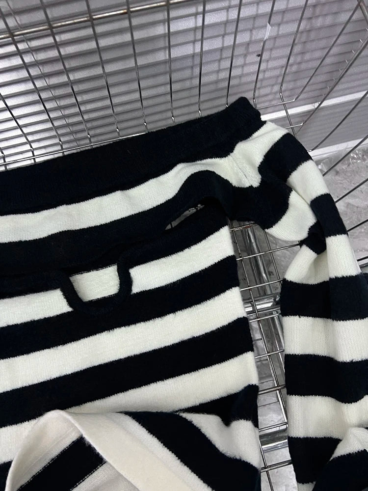 Off Shoulder Tops - Women's Fashion Striped Contrast Color Two-pieces Set Stretch Strapless Long Sleeve Knit Tops 2025 Spring New 33A2346