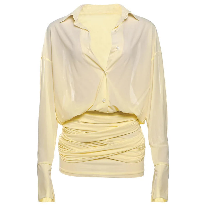 Blouson Dresses - Sexy Long Sleeve Turn-down Colla Bag Hip Strap Shirt Dress For Women See Through Patchwork High Waist Dress Streetwear