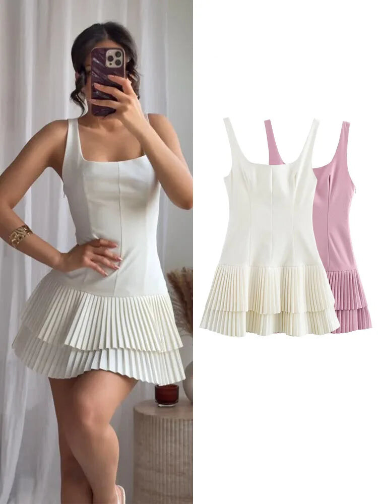 Mini Dresses - Women Fashion Square Collar Sleeveless Solid Mini Dress Female Summer Pleated Dress Chic High Street Slim Short Dress