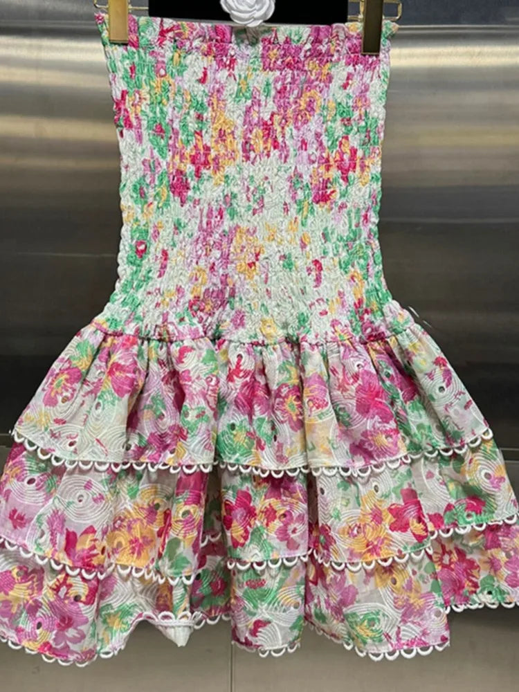 Strapless Dresses - fashion Short Dress Vacation Style Print Hollow Out Splicing Ruffle Edge Elegant Party Dresses Women 2025 Spring Summer 978