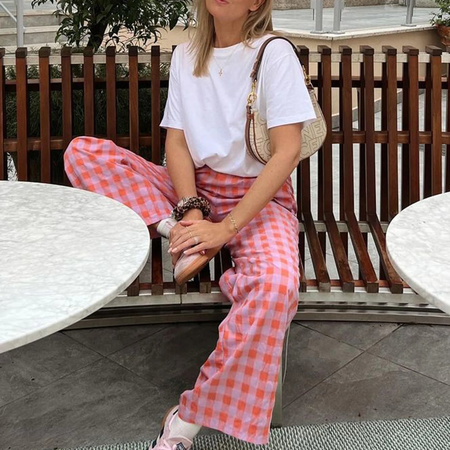 Pants - Womens Casual Plaid Print Pants Autumn Streetwear Elastic Waistband Straight Leg Pull On Trousers Loose Casual Bottoms