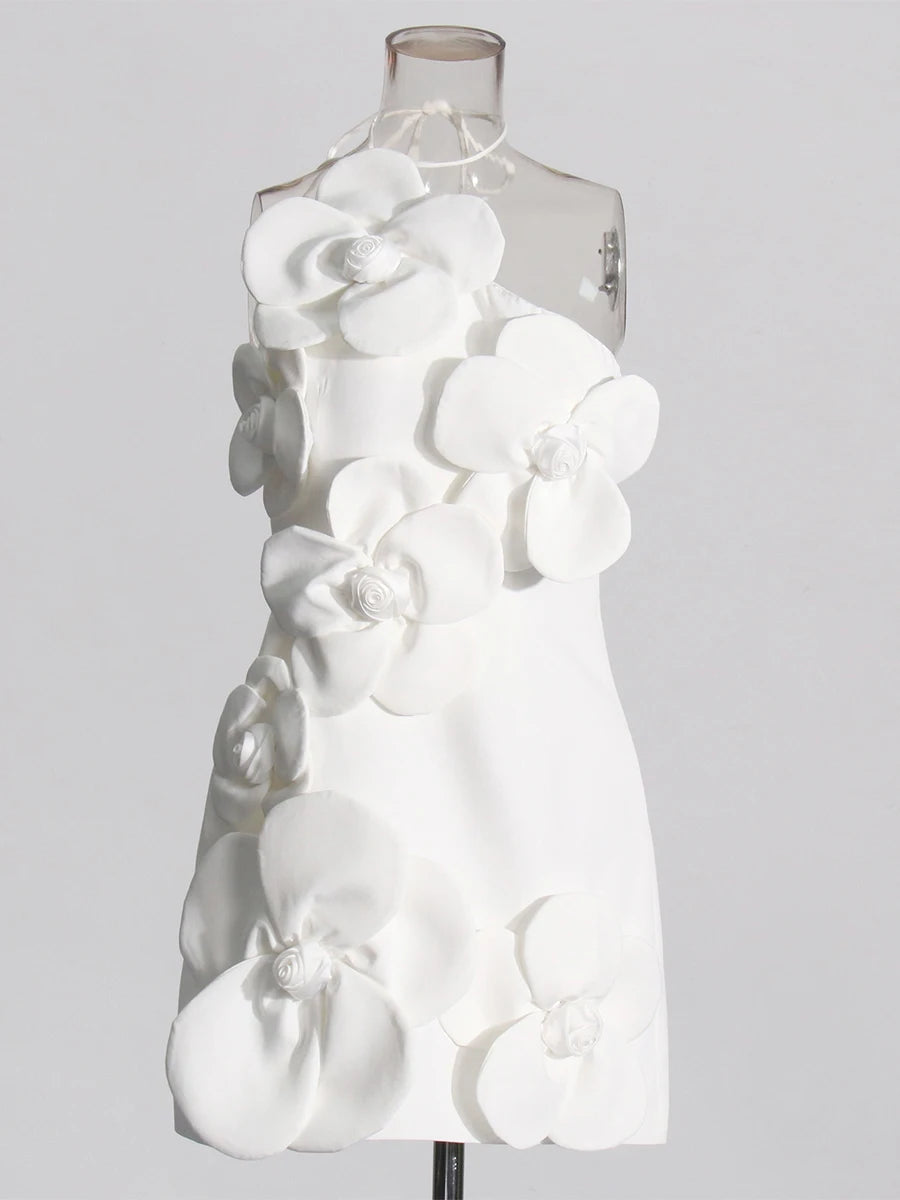 Party Dresses - Patchwork Appliques Mini Dresses For Women Diagonal Collar Sleevelss Spliced Lace Up High Waist Dresses Female New