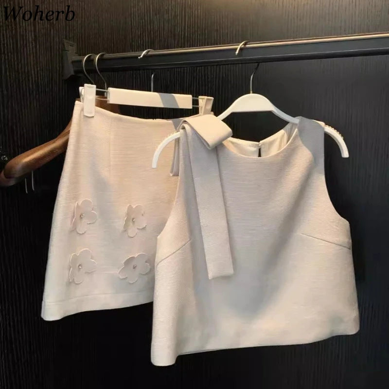 Skirts set - Korean Chic 2 Piece Set Women Clothes for 2025 Temperament Sleeveless Bow Top A-line Mini Skirt Outfits Roupas Femme Summer Sets