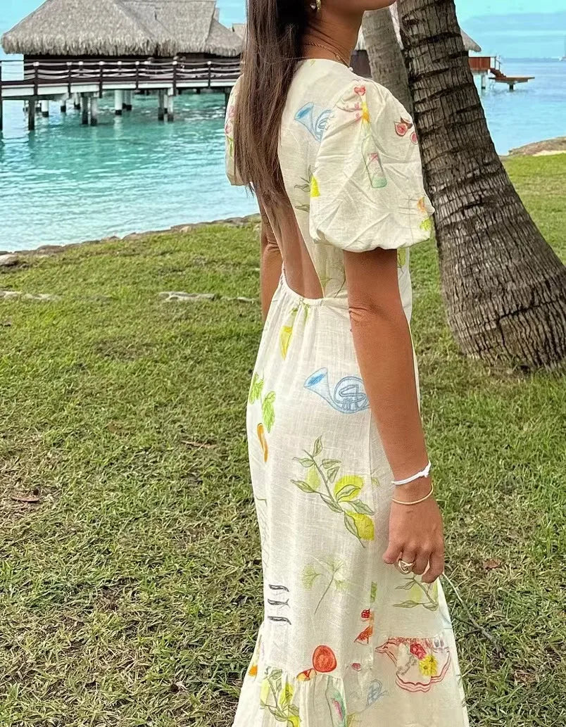 Casual Dresses - Women's European And American Style Fashion Slim Skirt Simple Printed Backless Short-Sleeved Dress