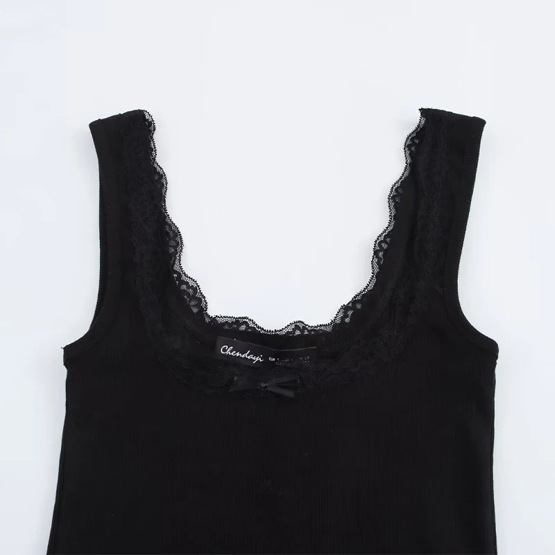 Knit Tops - Women Fashion Solid Lace Hem Knitted Vest Vintage Straps Square Collar Female Chic Lady Tank Tops