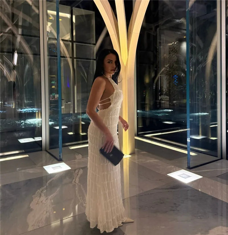 Party Dresses - Mozision Halter Backless Sexy Maxi Dress For Women Spring Summer New Lace-up Sleeveless Pleated Beach Holiday Long Dress Elegant