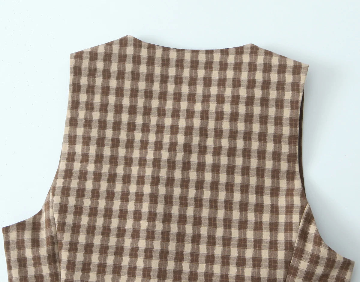 Skirts set - TRAFZA Women 2 Piece Set Elegant Plaid O-Neck Single Breasted Pocket Decorate Vest Top+Chic Zipper Pleated Slim Mini Culottes