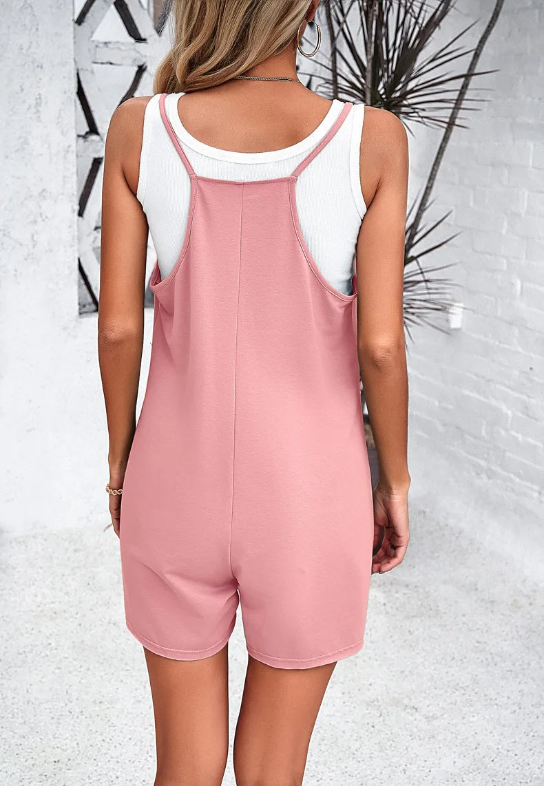 Overalls - Cute Spring Summer Women's Casual Solid Color Suspender Jumpsuit Sleeveless Loose Straight Overalls Elegant Clothing