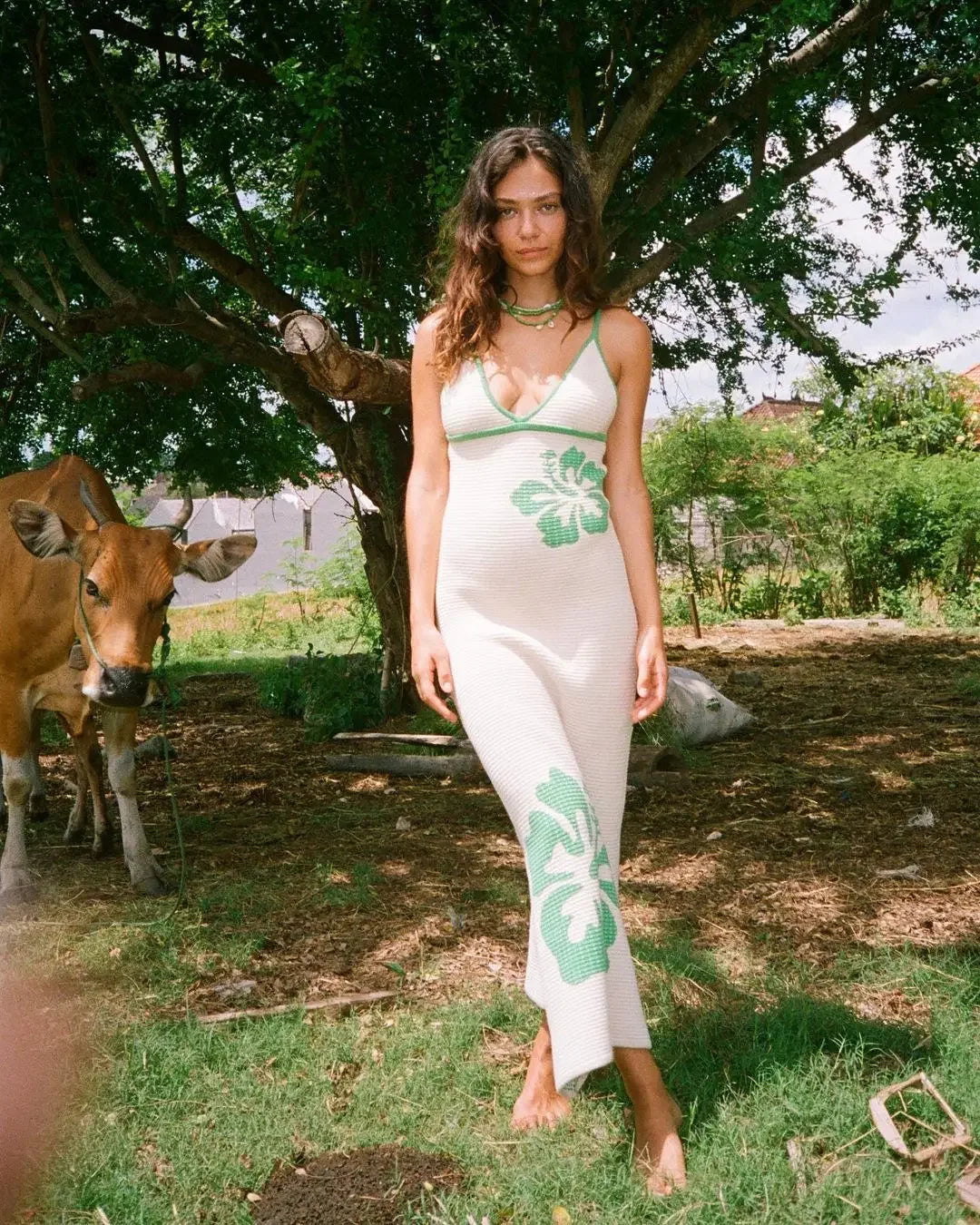 Vacation Dresses - 2024 Summer New Knitted Halterneck with Suspenders V-neck Sexy Backless Fashion Flower Print Slim Dress